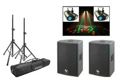 QSC K12 Powered Speakers & ADJ Aggressor Party Lights Rental Package