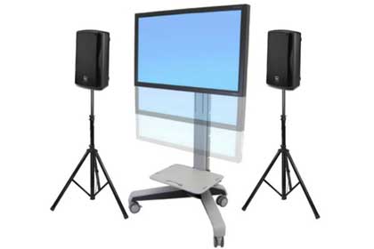 TV on Rolling Stand with Speakers Rental